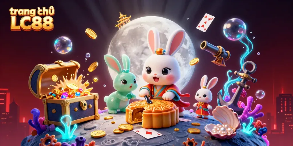 Experience excitement at trang chủ LC88 with a whimsical 3D illustration of a moon rabbit revealing poker chips.
