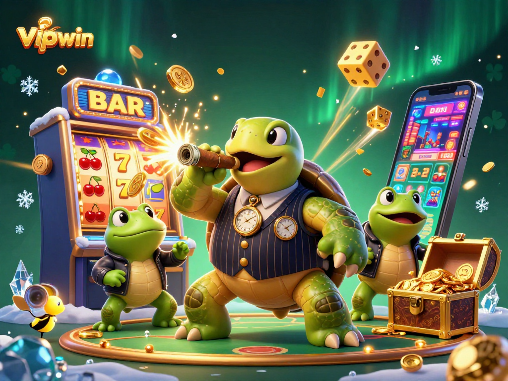 Experience excitement at vipwin with a whimsical illustration of a snapping turtle and bullfrog enforcers amidst casino chaos.