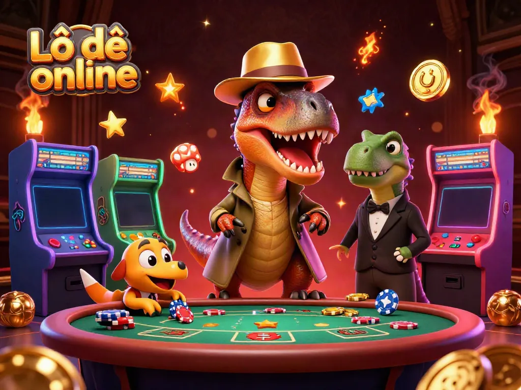 Play Lô đề online with a 3D velociraptor card counter at a blackjack table surrounded by arcade machines.