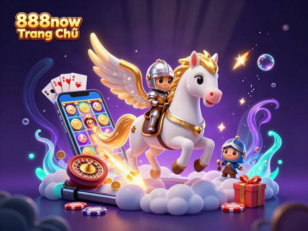 Experience adventure with 888now Trang Chủ as the knight rides the celestial horse through a casino-themed fantasy.