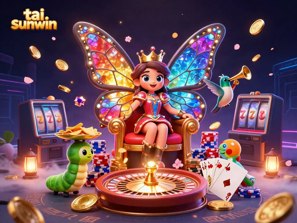 Experience the excitement of tai sunwin with vibrant 3D casino illustration featuring a butterfly queen and colorful game elements.