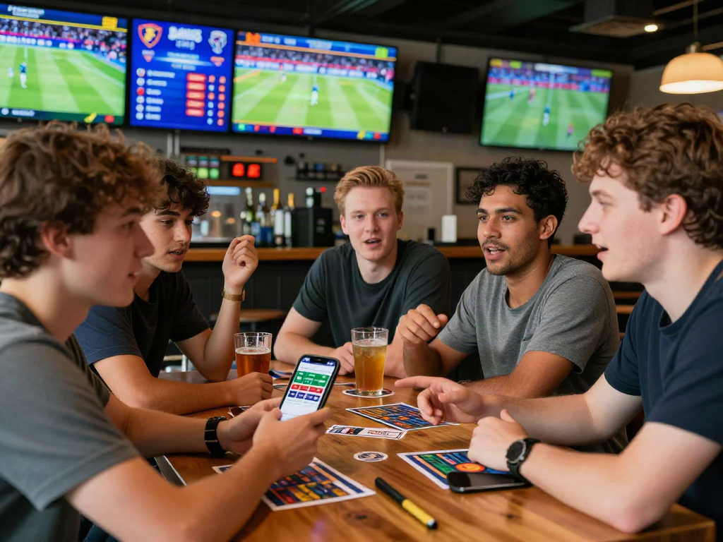 Scène animée d'un groupe d'amis profitant du meilleur site de pari sportif dans un bar, avec des écrans de match et ambiance festive.