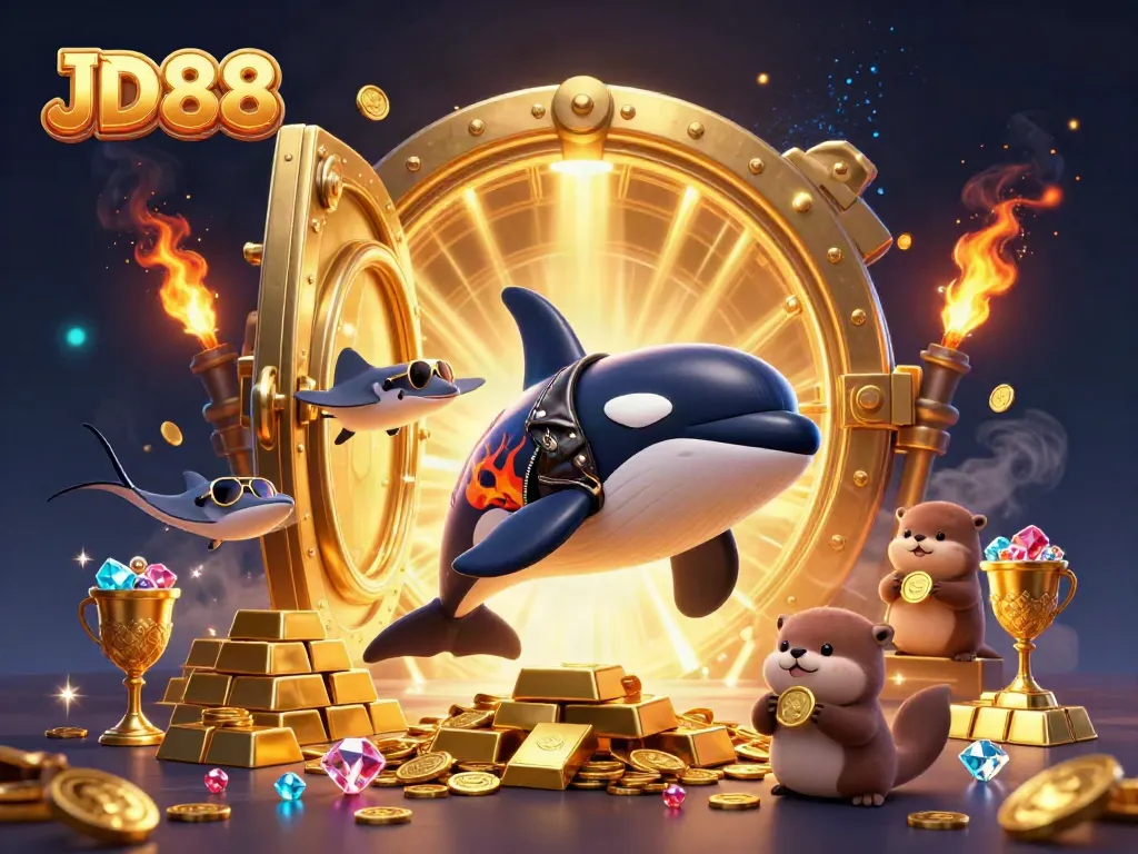 Experience thrilling moments with JD88 in this dynamic 3D illustration featuring an orca whale and treasure.