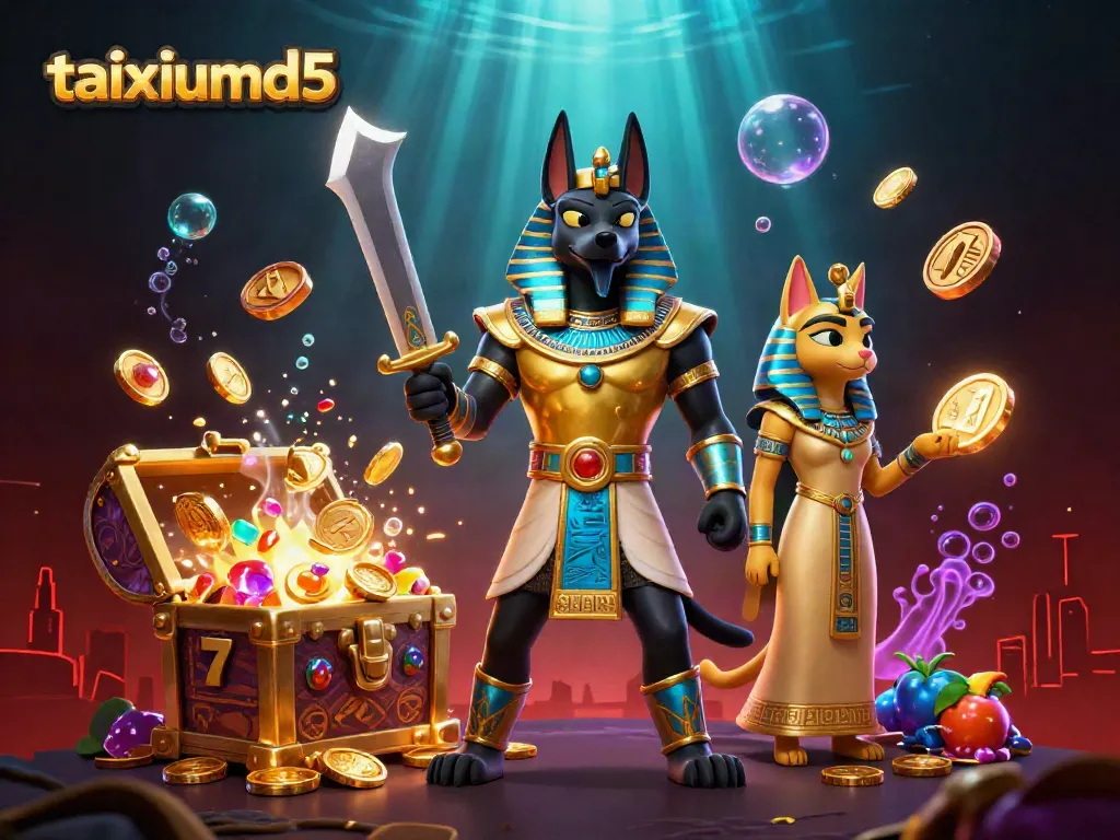Experience excitement at taixiumd5 with a vibrant illustration of Anubis and Bastet amidst a treasure-filled casino scene.
