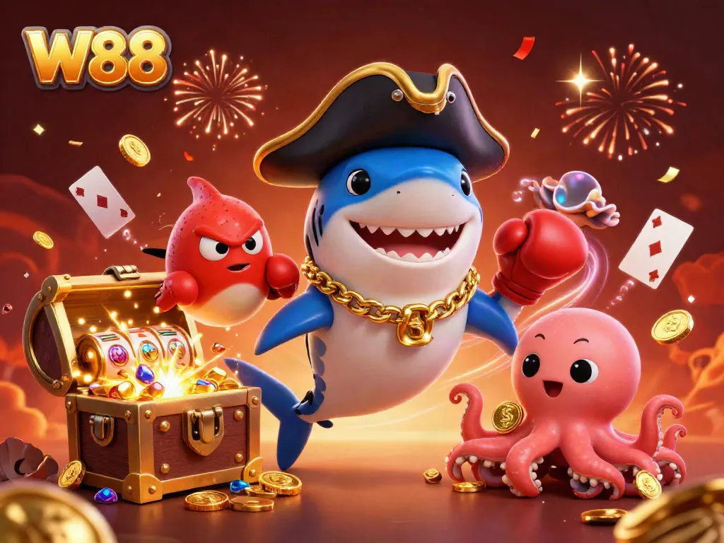 W88 themed casino adventure with animated ocean creatures, showcasing the excitement of an online gaming experience.