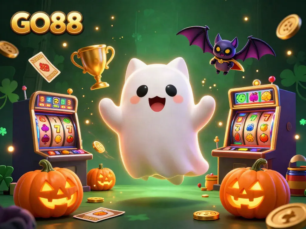 Engage with GO88's thrilling casino experience featuring a ghost cat and vampire bat in a haunted mansion.