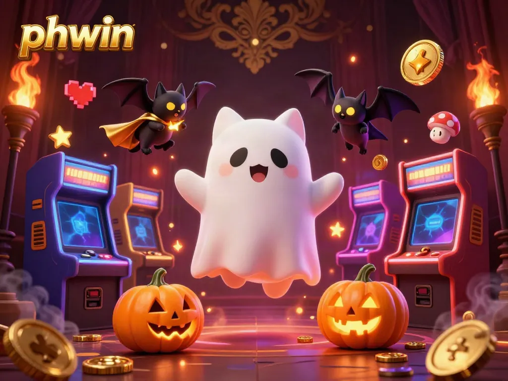 View phwin's ghost cat and bat companions in a haunted casino, surrounded by glowing arcade elements.