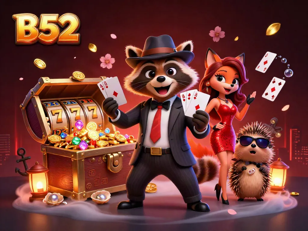 B52 gambling scene with a suave raccoon, fox companion, and hedgehog bouncer celebrating a jackpot.