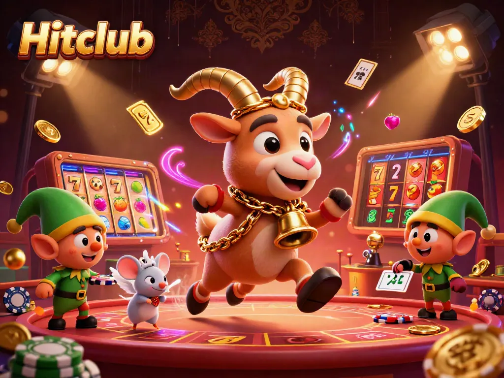Hitclub presents a vibrant 3D scene showcasing a Krampus goat running a spooky casino with exciting elements.