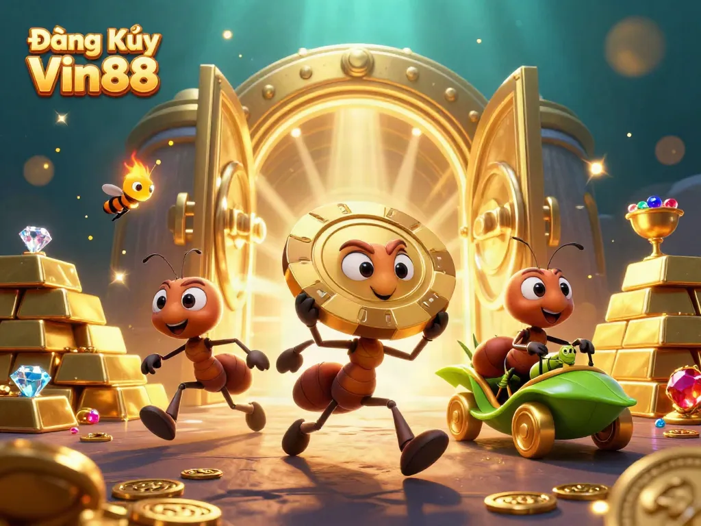 Experience the thrill of Đăng Ký Vin88 as you join a heist with cartoon ants in a rich, vibrant casino scene.