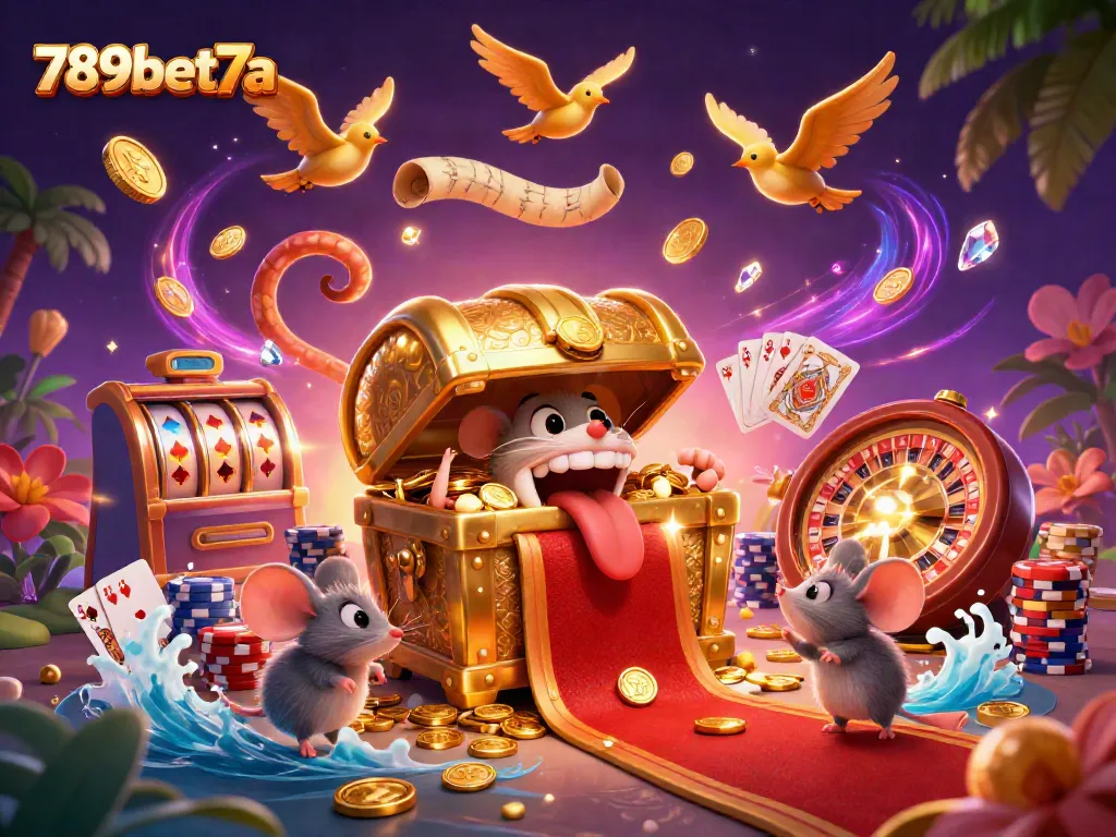 Engage in thrilling gameplay with 789bet7a's vibrant casino scene featuring slot machines and treasure chests.