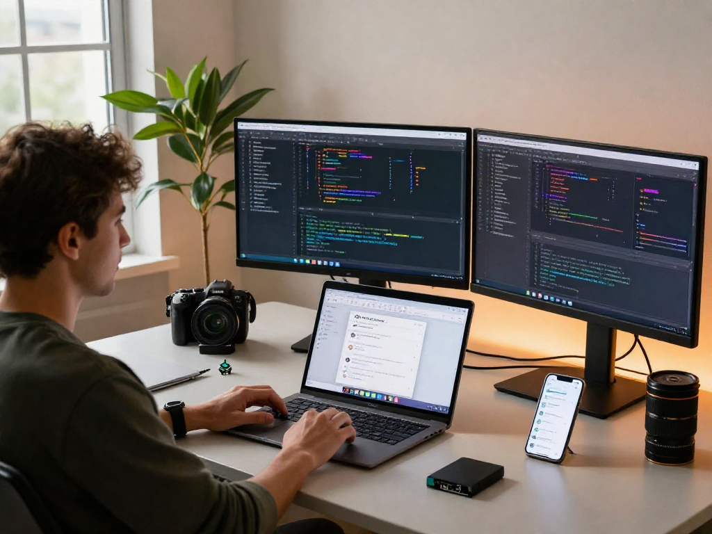 Vue de développeur avec un lien lavowin sur moniteur, créant un environnement de travail technologique moderne.