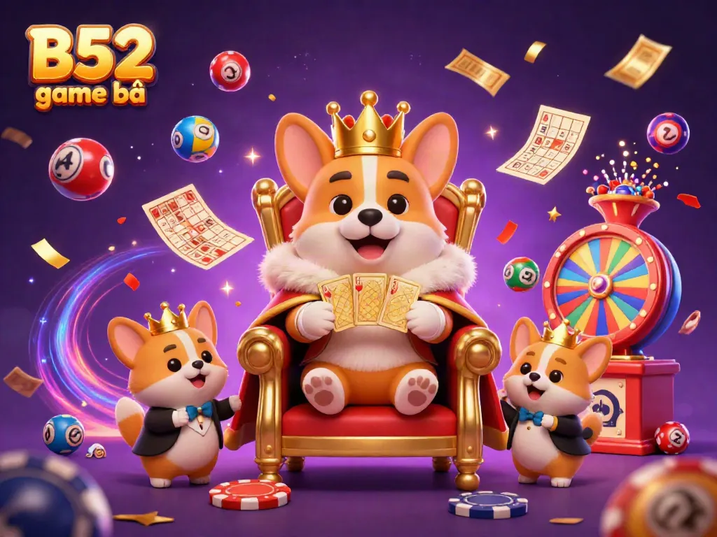 Engage with the excitement of B52 game bài surrounded by vibrant elements like colorful lottery balls and a golden card deck.