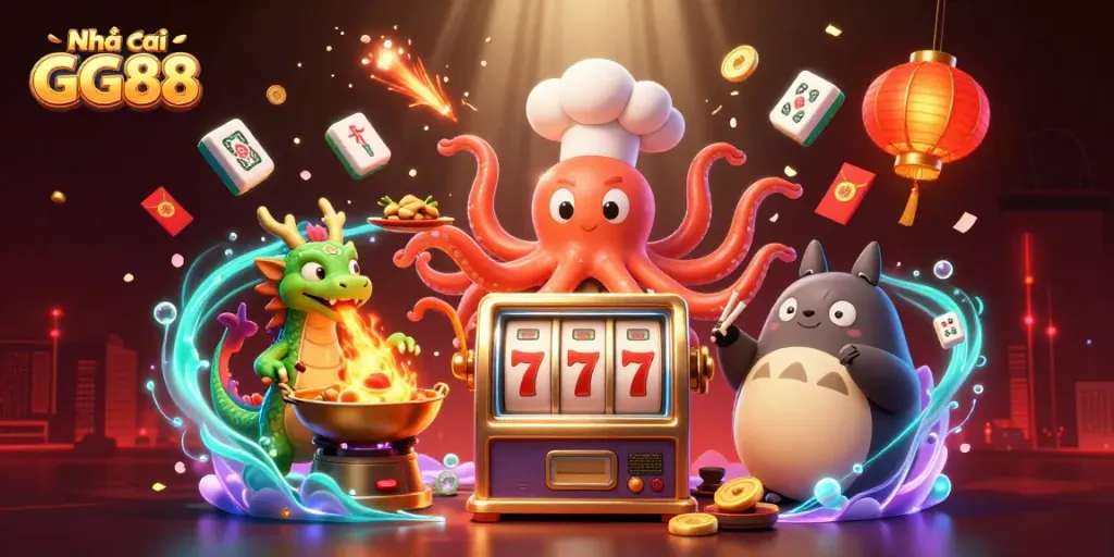 Engage with Nhà cái GG88 through a vibrant slot-themed casino scene featuring dynamic characters and festive elements.