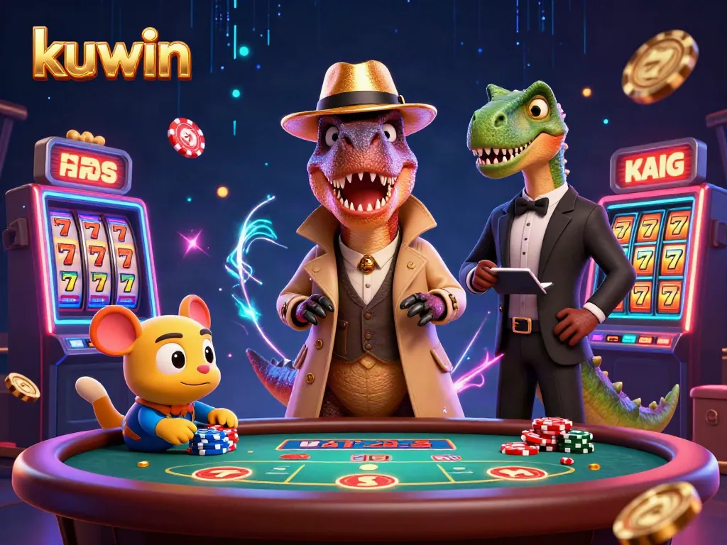 Kuwin velociraptor card counter blending in at a casino blackjack table amidst vibrant gaming elements.