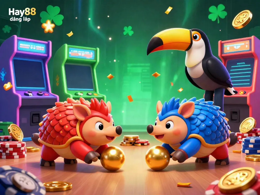 Join the fun with Hay88 đăng nhập as pangolins bowl through poker chips in a vibrant gaming scene.