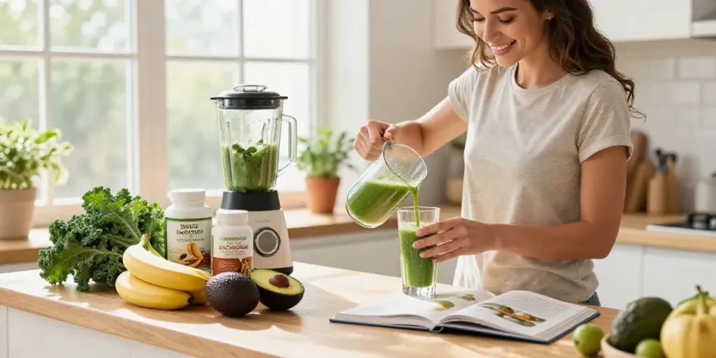 Natura Force supplements enhancing vitality, displayed with fresh smoothie ingredients in a bright kitchen.