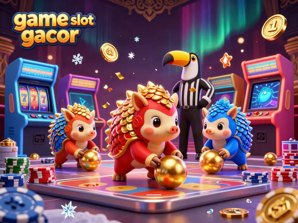 Engaging scene of game slot gacor featuring rival pangolins amidst vibrant casino elements and golden coins.