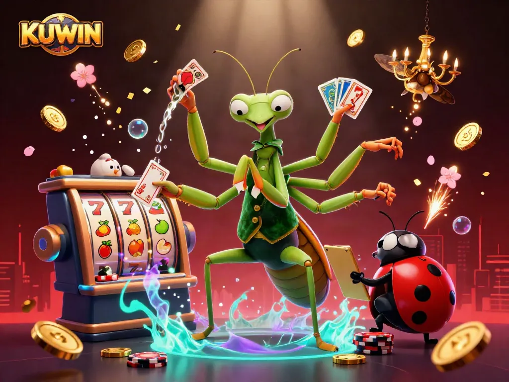Experience thrilling gameplay with KUWIN as a giant mantis deals cards in a vibrant casino setting.