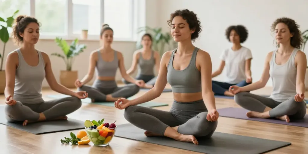 Scène de bien-être naturel avec des activités de méditation et de yoga, mettant en avant naturaforce.com.