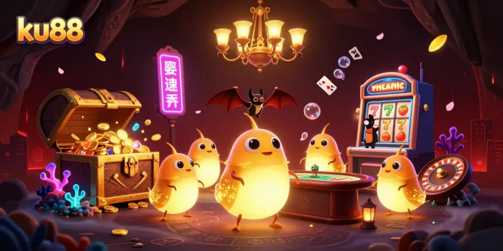 ku88 casino illustration featuring glowworms in a vibrant cave with exciting game elements.
