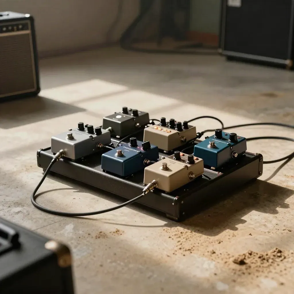 Pedalboard usé au sol d’une salle de répétition, LEDs allumées, ambiance tendue.