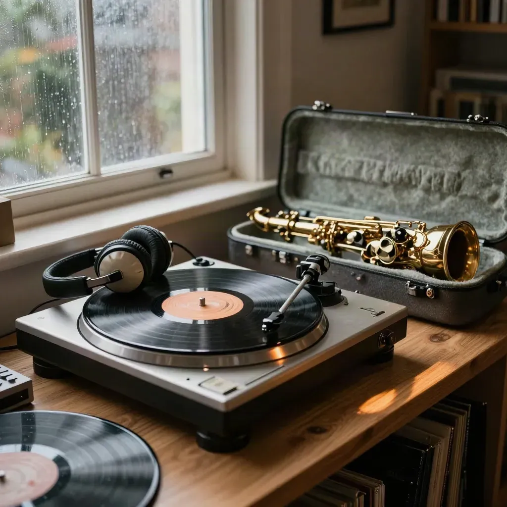 Platine vinyle, groovebox, casque et étui de saxophone dans un loft après la pluie.