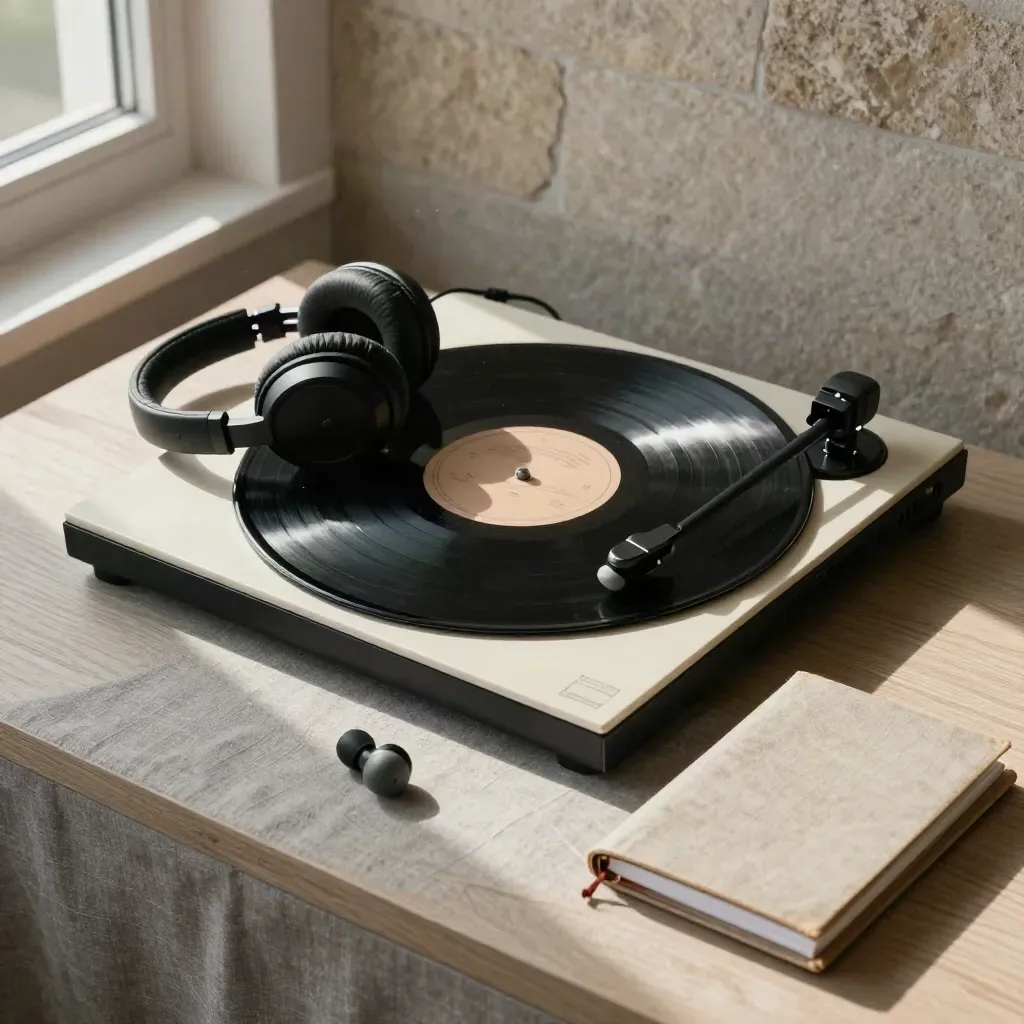 Vinyle à moitié sorti d’une pochette, casque ouvert et carnet fermé sur une table d’écoute.