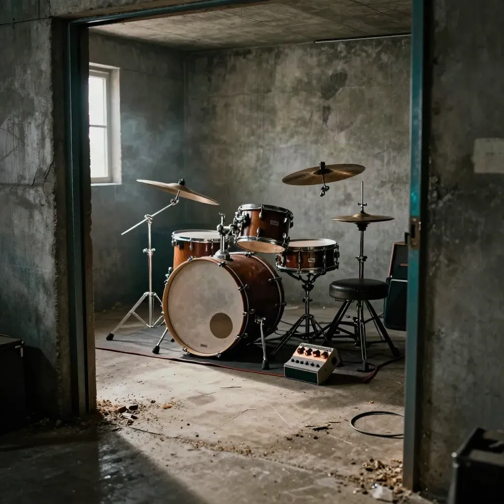Sous-sol en béton avec batterie dépouillée, pile de cymbales, écho à bande et tabouret vide.