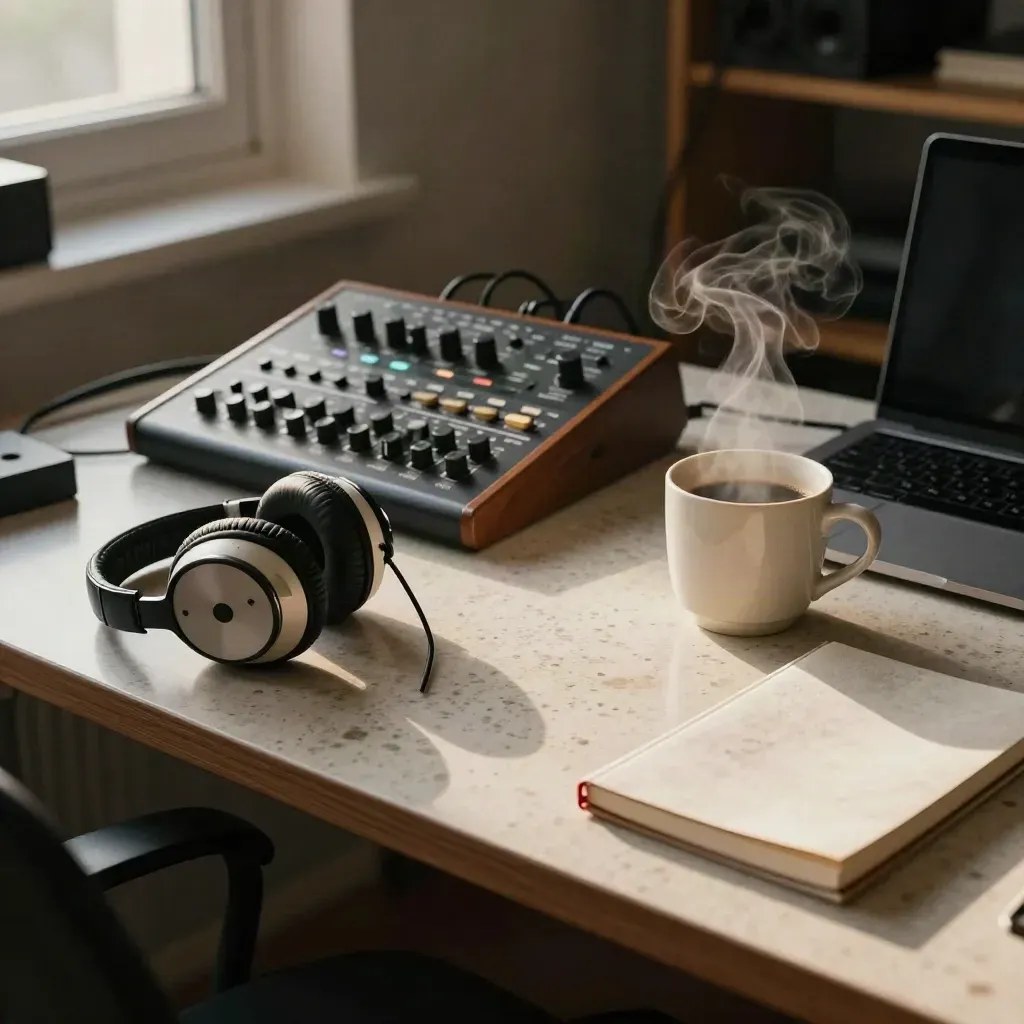 Coin de studio à l’aube avec MPC, café fumant, casque et ordinateur fermé.