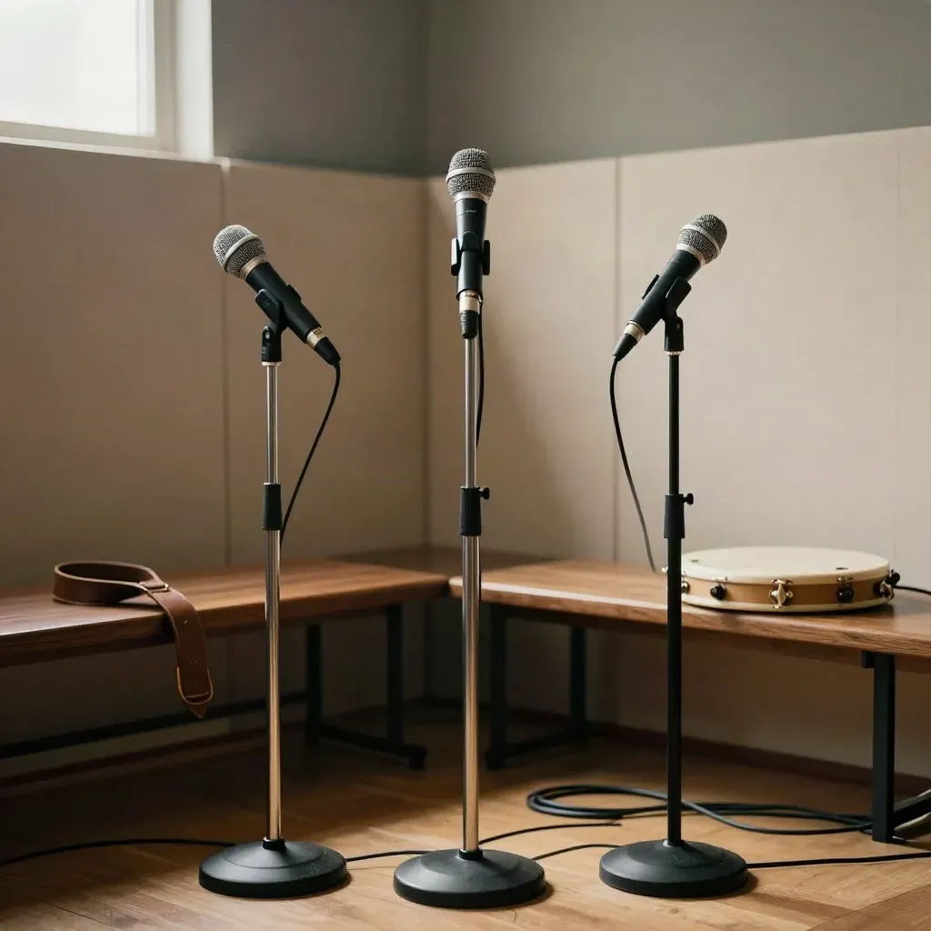 Trois micros prêts dans une petite salle de session live, avec panneaux acoustiques et tambourin.