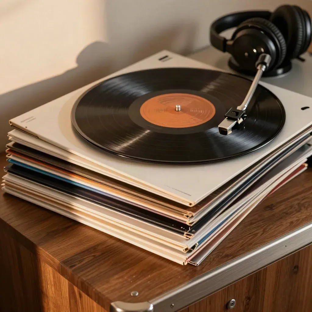 Piles de pochettes d’albums, platine en marche et casque de travers sur une table d’écoute.