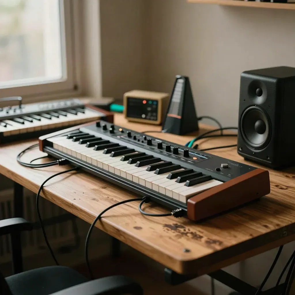 Synthé, boîte à rythmes et clavier MIDI sur un établi baigné de lumière chaude.