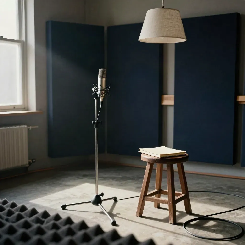 Atelier vocal avec micro, panneaux acoustiques, lampe et carnet fermé sur un tabouret.