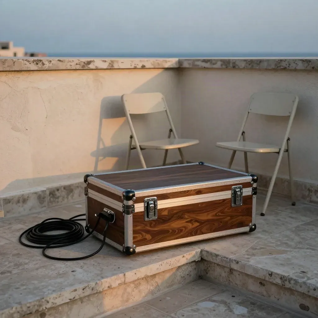 Coin de répétition sur un toit marseillais avec flight case, chaises pliantes et mur crépi.