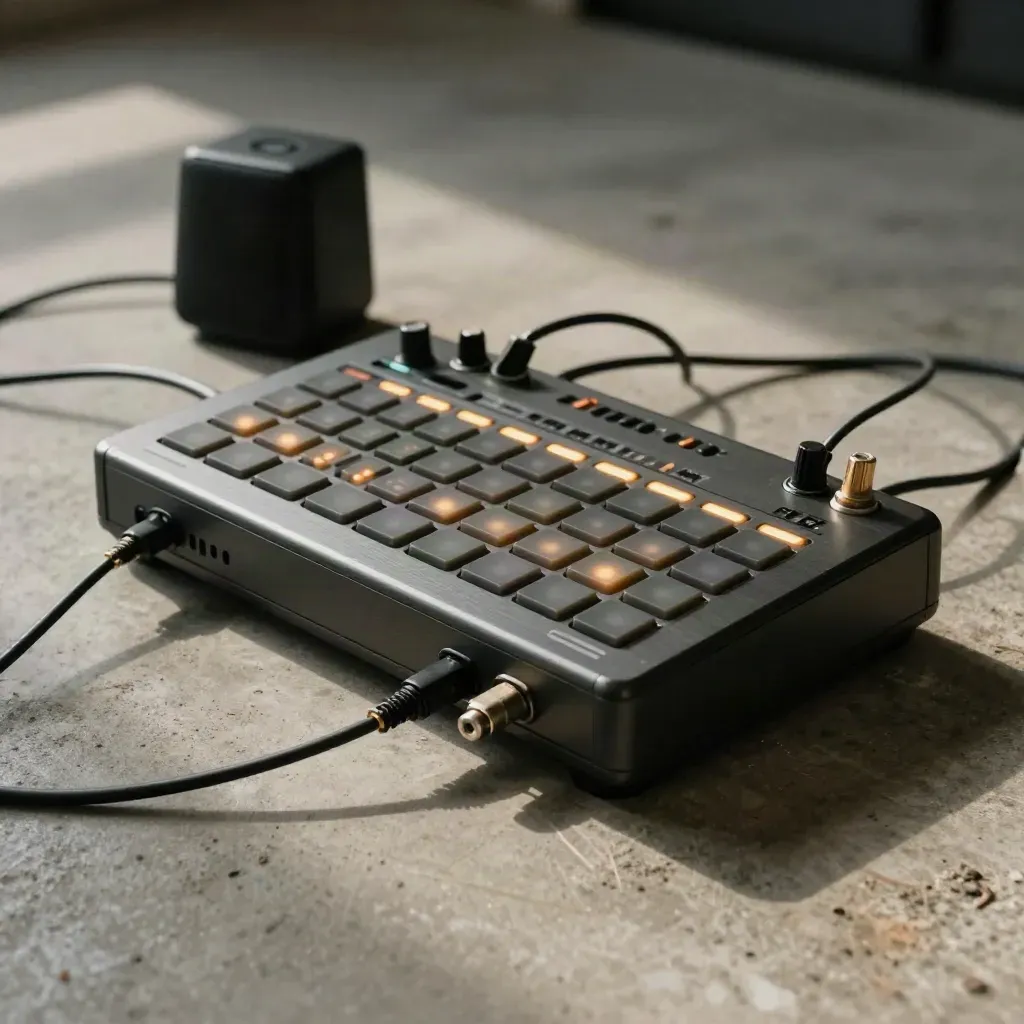 Boîte à rythmes sur béton avec câbles et petite enceinte, LEDs amber en pulsation.