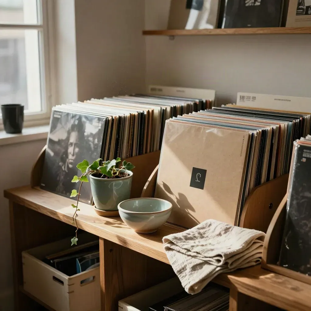 Étagère de vinyles indés, plante, bol en céramique et linge de lin dans l’arrière-boutique d’un disquaire.
