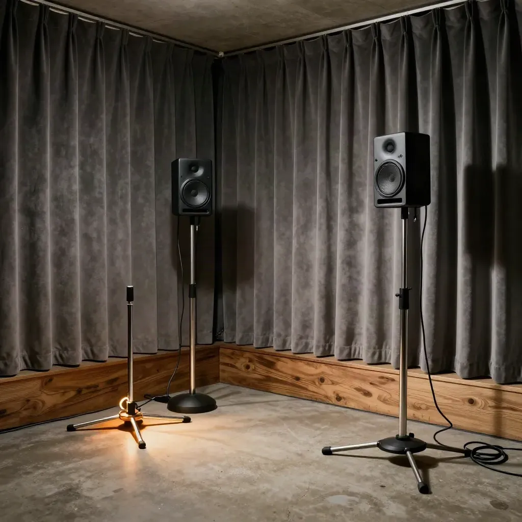 Salle live parisienne vide avec micros, retours de scène et rideaux acoustiques sous lumière ambrée.