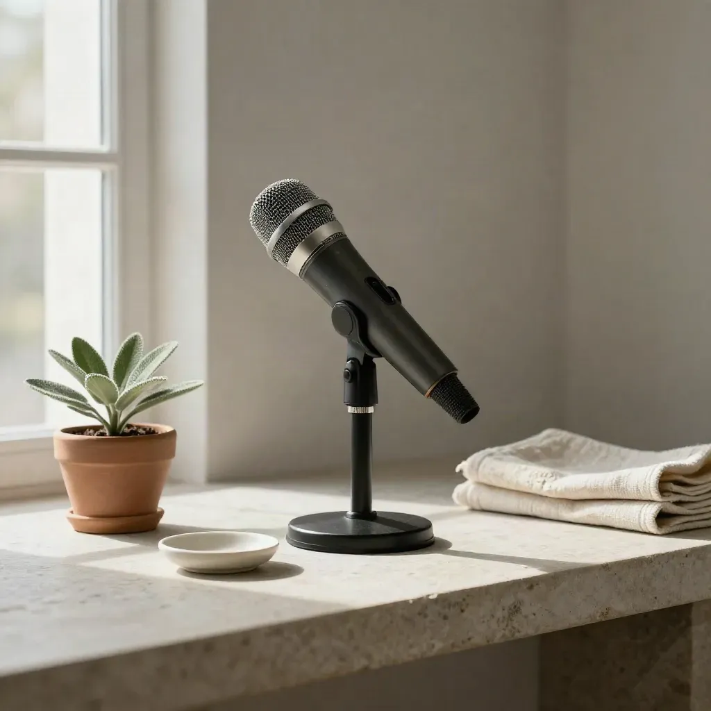 Microphone de diffusion, plante, serviette pliée et coupelle sur étagère en pierre.