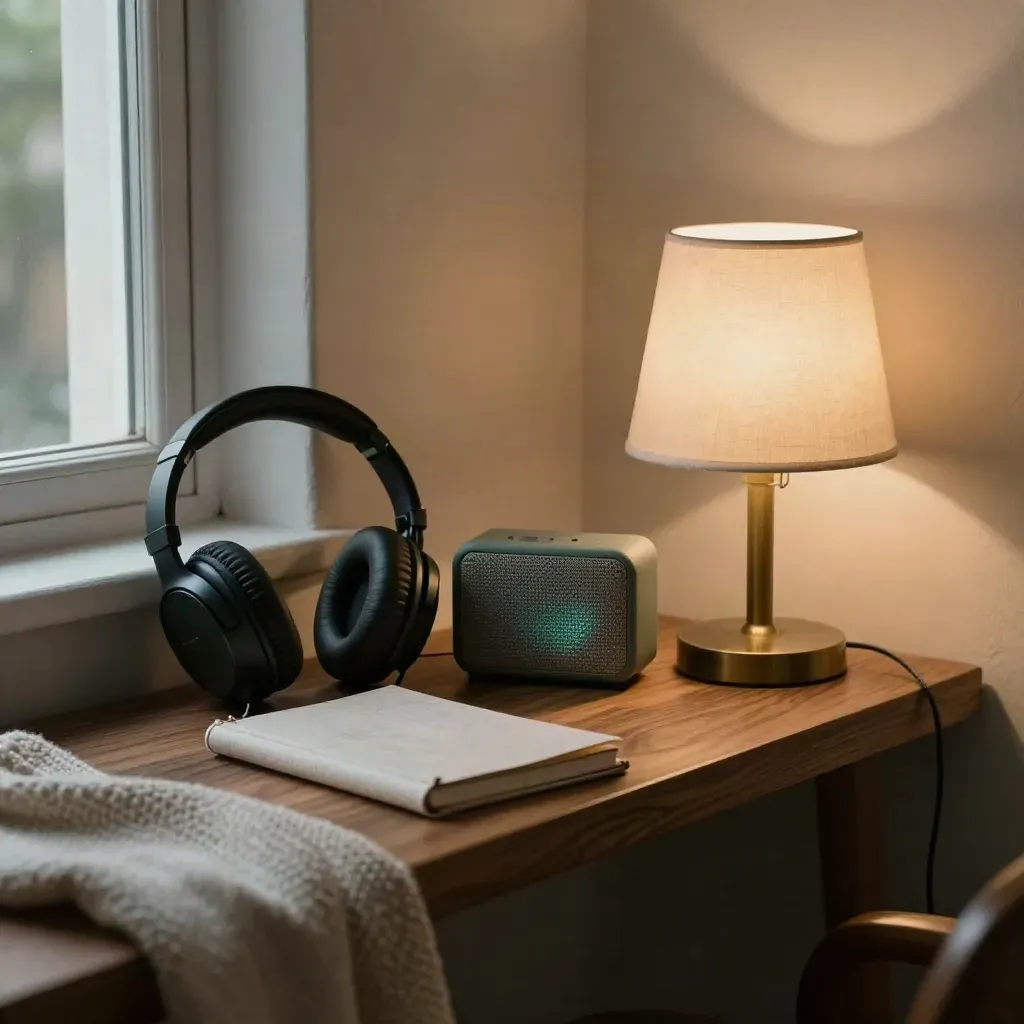 Coin d’écoute nocturne avec casque, petite enceinte, carnet fermé et lampe basse.
