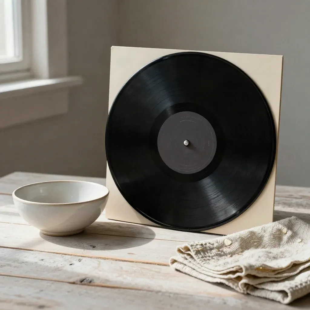 Vinyle, bol en céramique et tissu plié sur bois clair, lumière douce latérale.