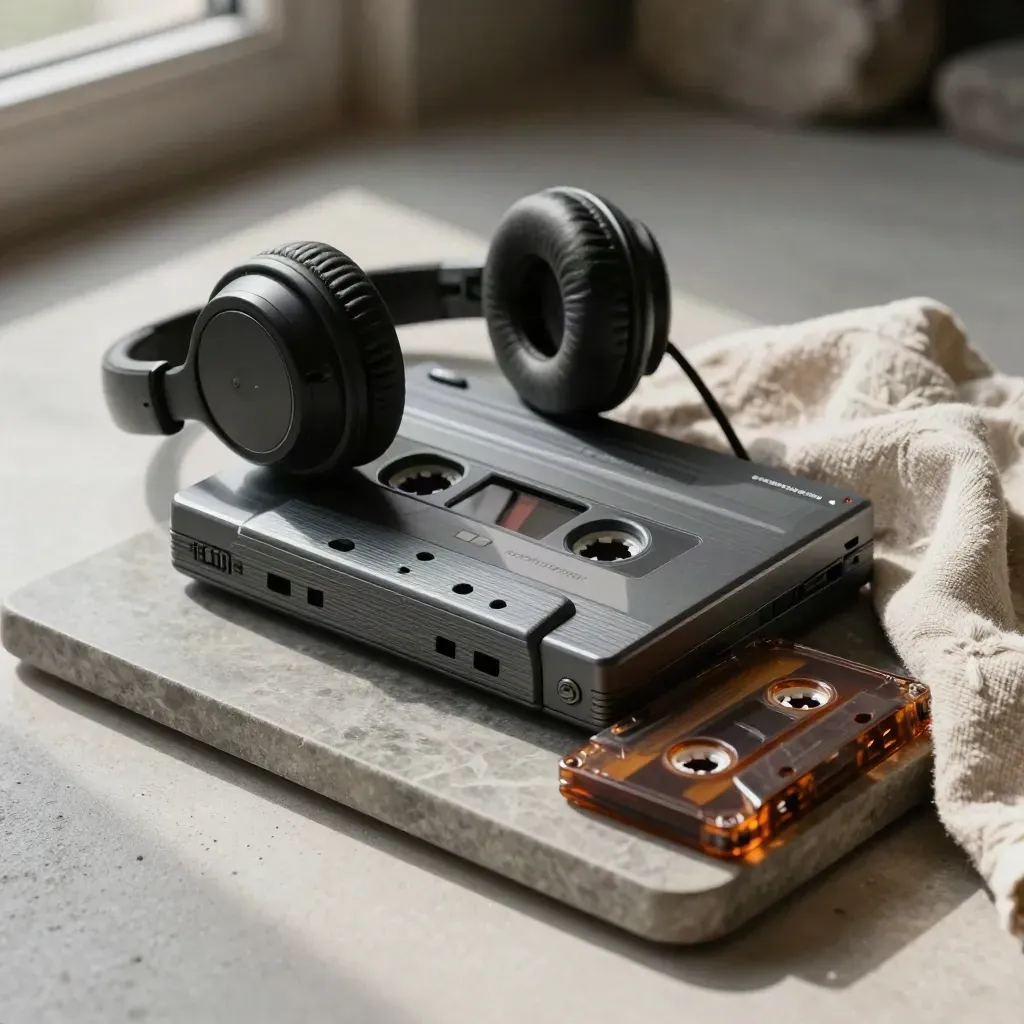 Lecteur cassette compact, casque posé en travers, deux cassettes teintées et lin sur plateau de pierre.