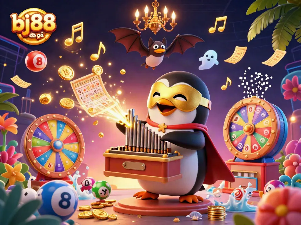 Experience the excitement of bj88 đá gà with a dynamic scene of a penguin and vibrant casino elements.