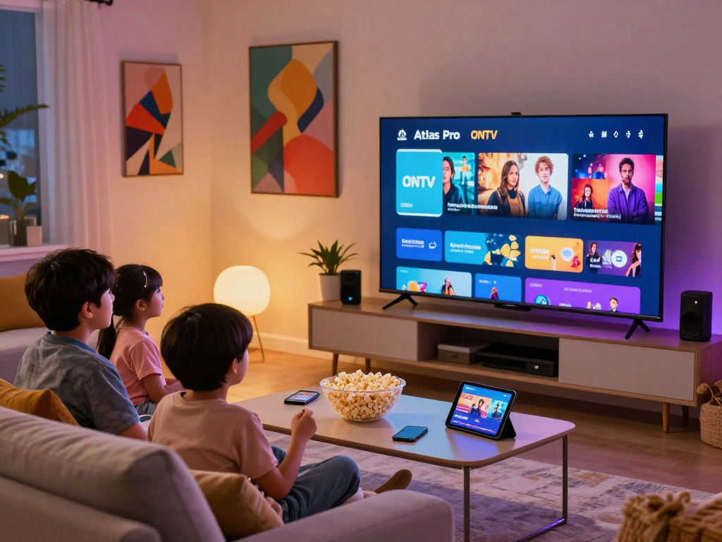 famille profitant de l'application Atlas Pro sur un téléviseur intelligent