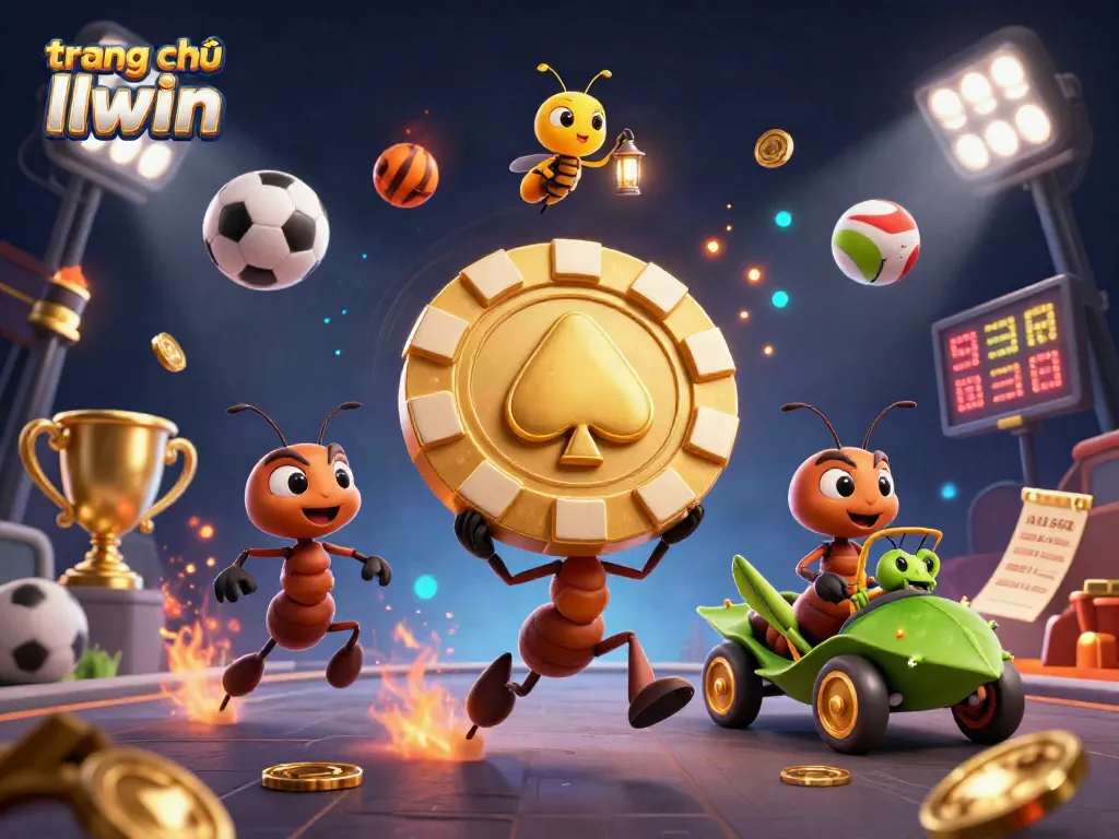 Experience the excitement at trang chủ llwin with a playful 3D illustration of ants running a heist with a poker chip.