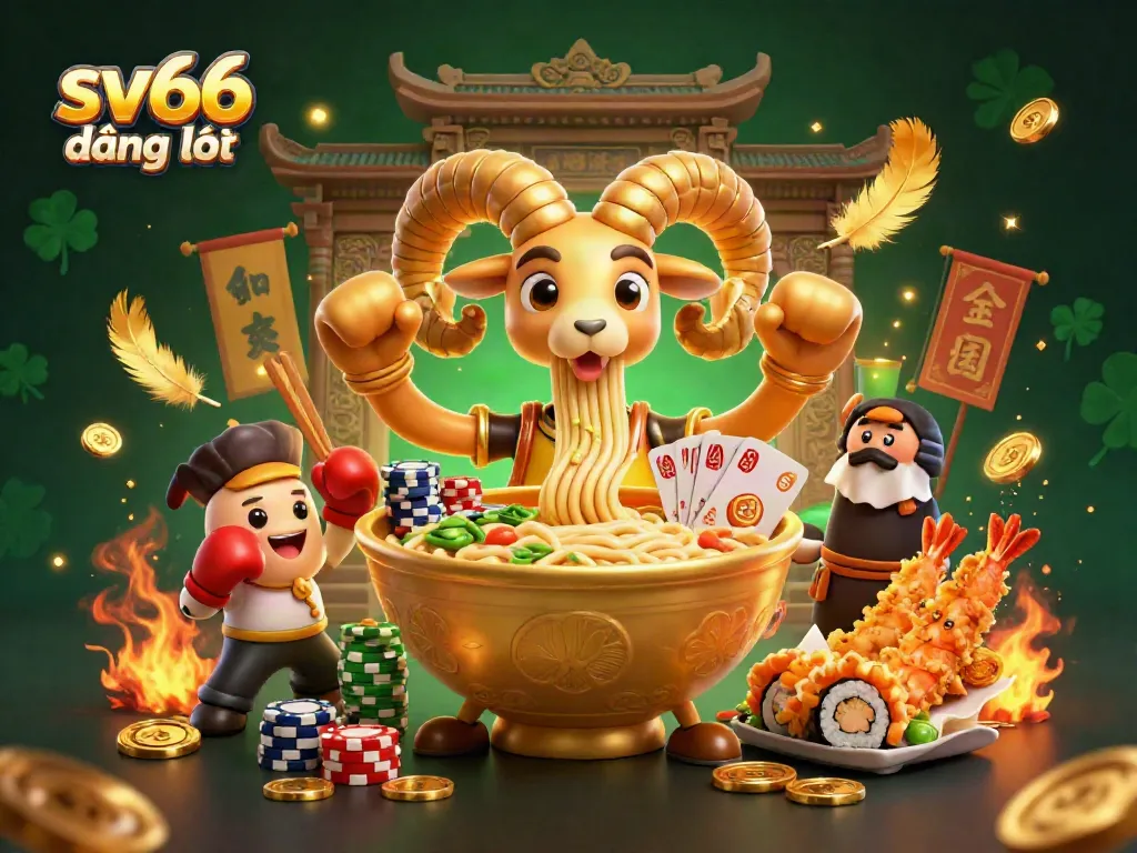 Engage with sv66 đăng nhập through a vibrant 3D casino illustration featuring a unique ramen bowl character and lively game elements.