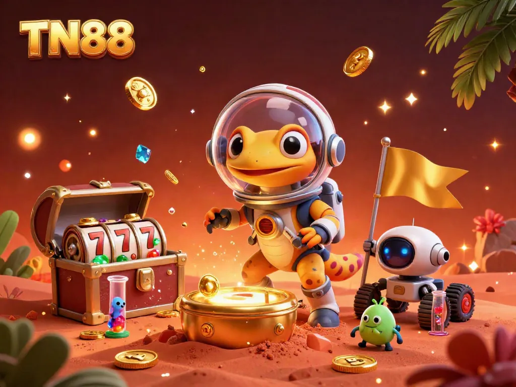 Join the TN88 Martian gecko as it uncovers a golden casino treasure trove on Mars amidst dazzling game elements.