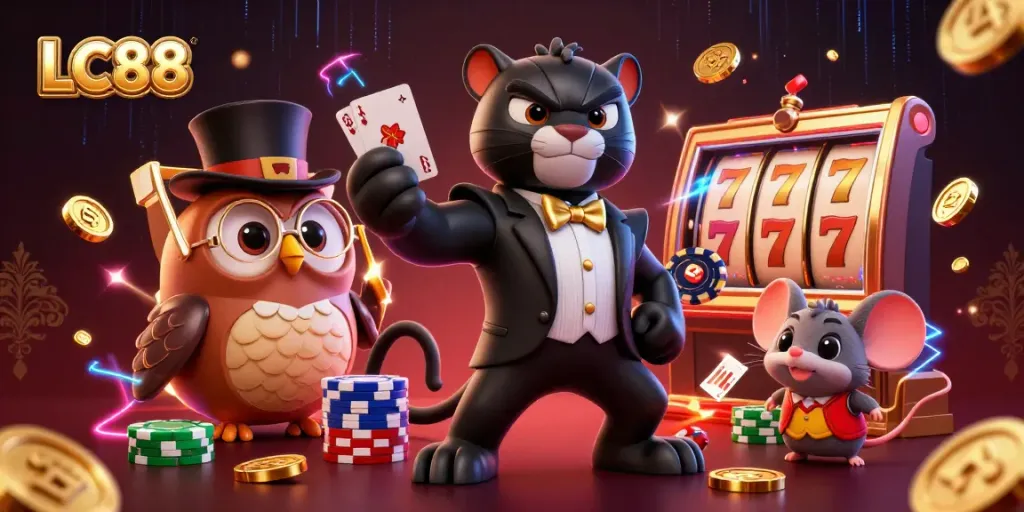 Engaging LC88 gaming scene with a stylish panther dealer, an owl with poker chips, and a lucky mouse amidst vibrant slot elements.