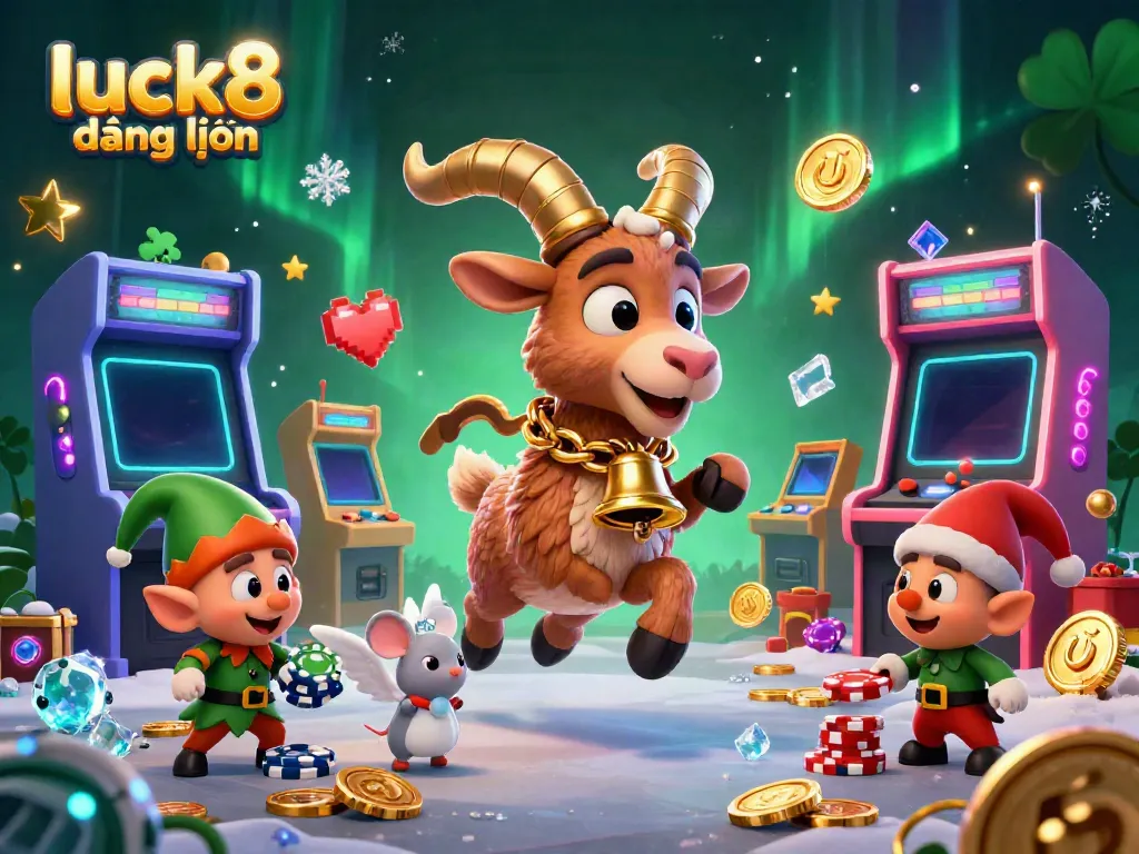 Experience the holiday-horror casino with Krampus and angel mouse, promoting luck8 đăng nhập through vibrant game elements.