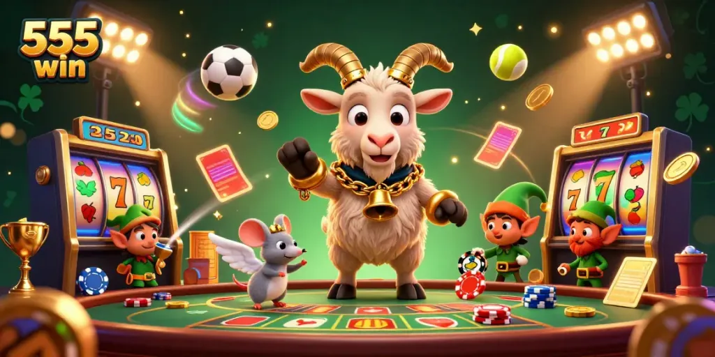 Engage with thrilling games at the 555 win casino featuring Krampus and cheerful characters amidst dynamic elements.